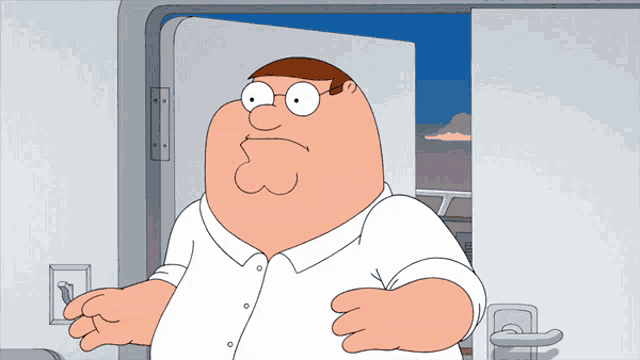 peter griffin from family guy standing in front of a door