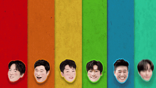 a group of young men 's faces sticking out of a rainbow colored wall