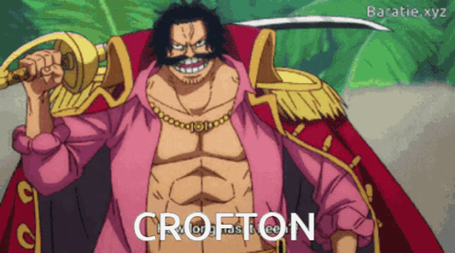 a man in a pink shirt is holding a sword and the word crofton is on the bottom