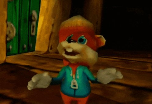 a cartoon character wearing a blue jacket with a letter b on it