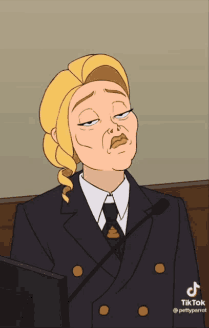a cartoon of a woman wearing a suit and tie with a poop on her jacket
