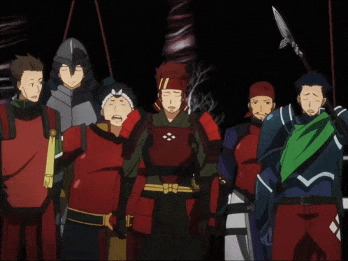 a group of anime characters are standing next to each other and one of them has the number 11 on his chest