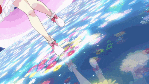 a girl in a pink dress and white shoes is flying over a floral field