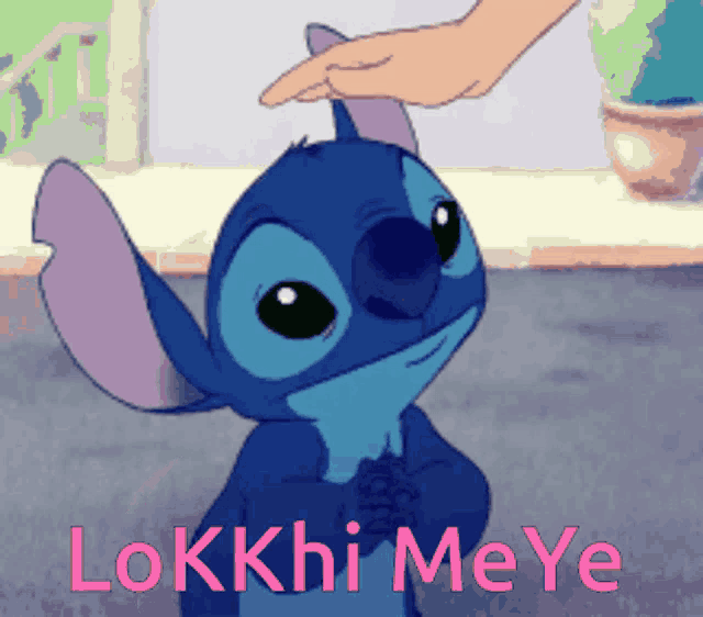a cartoon of stitch with the words lokkhi meye written below it