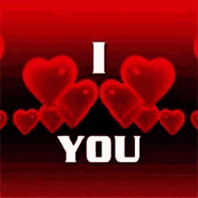 a greeting card that says `` i love you '' with red hearts on a red background .