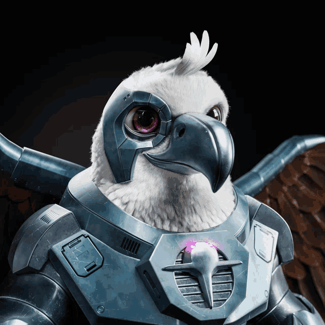 a robotic eagle with a purple light coming out of its beak