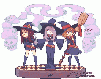 a pixel art of three witches standing next to each other by dav19