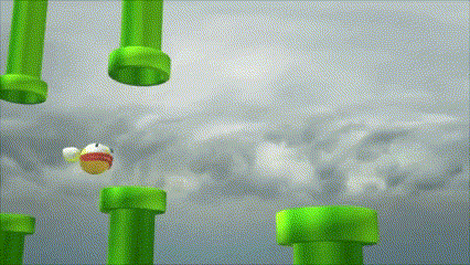 a video game scene with green pipes and a bird flying through the air