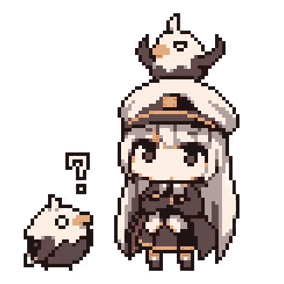 a pixel art of a girl with a bird on her head