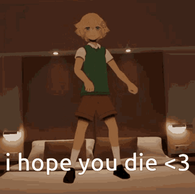a cartoon character is dancing in front of a bed with the words i hope you die < 3 below him