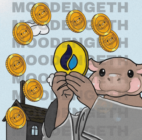 a cartoon of a hippo holding a coin with the word moodengeth on the bottom