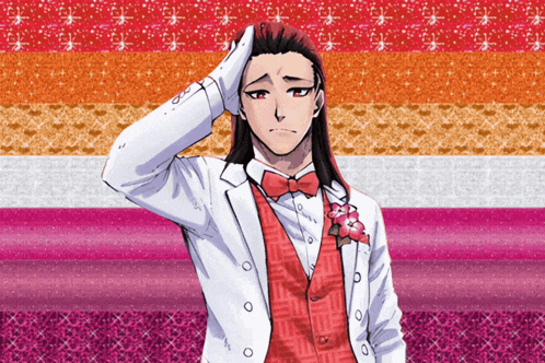 a drawing of a man in a white suit with a red vest and bow tie