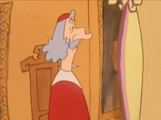 a cartoon character with gray hair and a red hat is standing in front of a mirror .