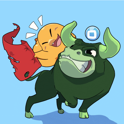 a cartoon drawing of a bull and a man with a red cloth