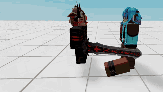 a video game character with a sword and a box
