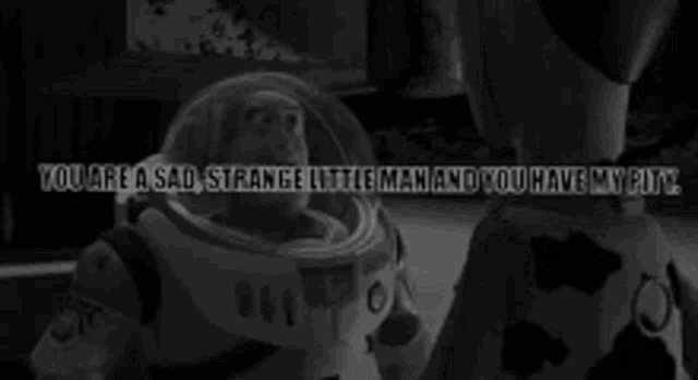 a black and white photo of a person talking to a toy story character