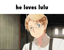 a picture of a man with glasses and the words he loves lulu above him