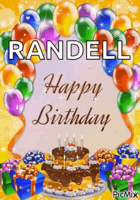 a happy birthday card for randell with a cake and balloons .