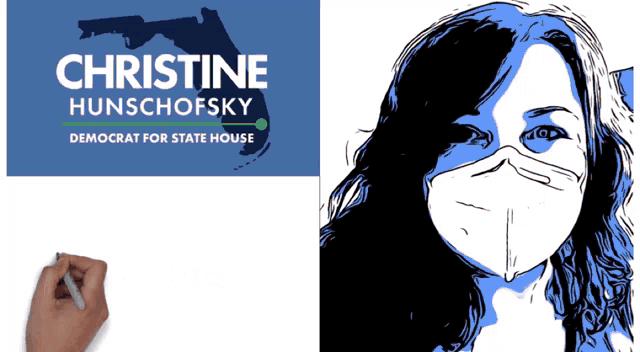 a poster for christine hunschofsky shows a woman wearing a face mask