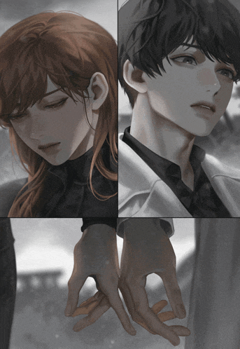 a man and a woman holding hands in a black and white photo