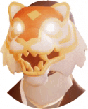 a close up of a person wearing a tiger mask with glowing eyes .