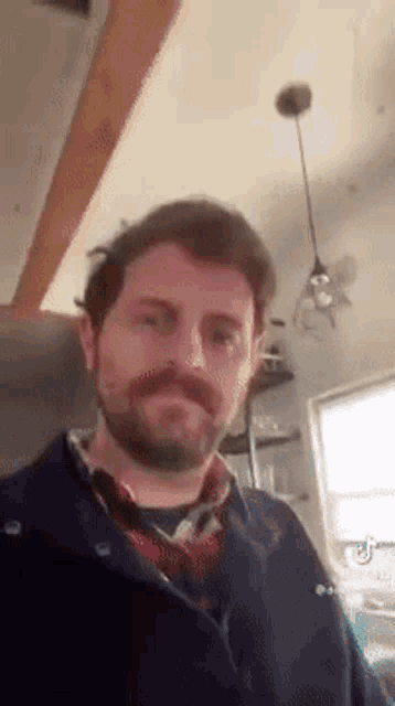 a man with a beard and mustache is standing in a kitchen