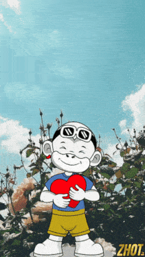a cartoon of a boy holding a red heart with the word zhot on the bottom right