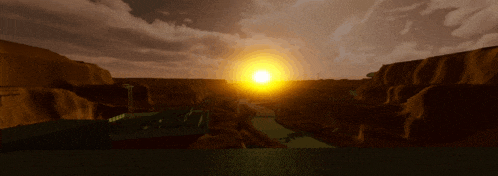 a computer generated image of a sunset over a river