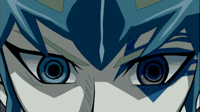 a close up of a person 's face with blue hair