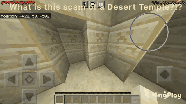 a screenshot of a minecraft game shows a desert temple in the background