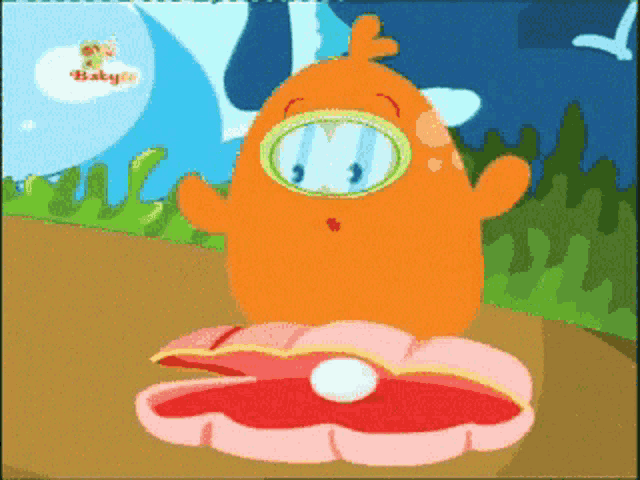 a cartoon character is wearing a diving mask and a pink shell with a pearl inside of it