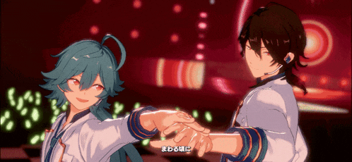 a couple of anime characters are dancing and one of them is wearing a headphone