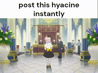 a cartoon of a girl standing in a room with the words post this hyacine instantly below her .