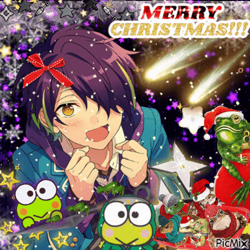 a picture of a boy with purple hair and the words merry christmas on the bottom