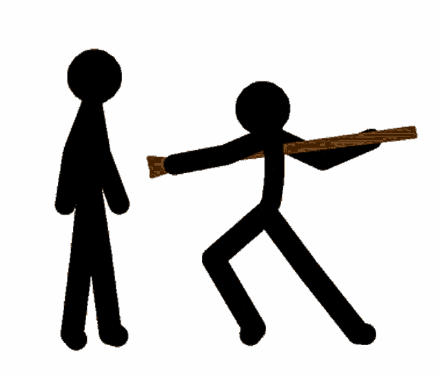 two stick figures are standing next to each other one is carrying a large wooden stick