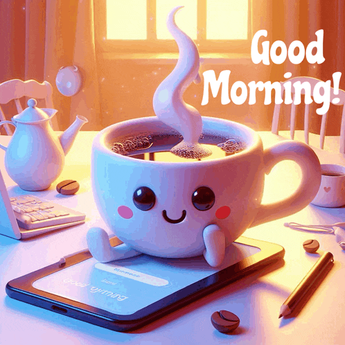 a cup of coffee sits on top of a cell phone with the words good morning written above it