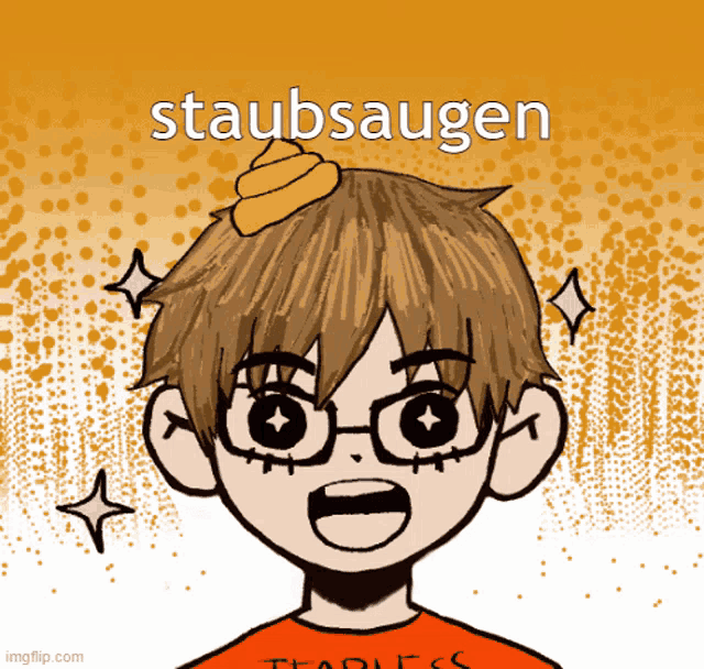 a drawing of a boy with a poop on his head and the word staubsaugen on the bottom