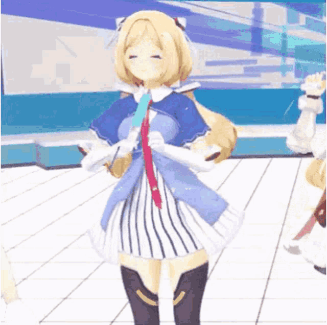 a girl in a blue and white dress is standing on a stage .