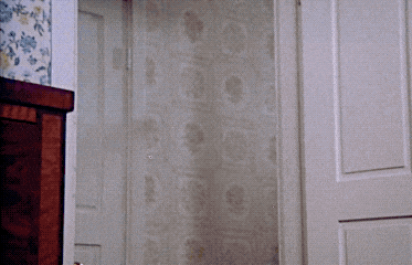 a person holding a broom in front of a wall