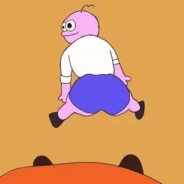 a cartoon character with a thought bubble that says please don t get a boner