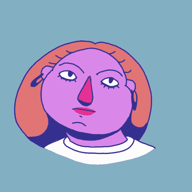 a cartoon drawing of a woman with a purple face
