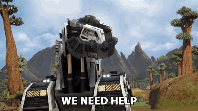a cartoon scene with the words " we need help "