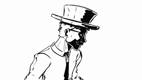 a black and white drawing of a man in a top hat and tie