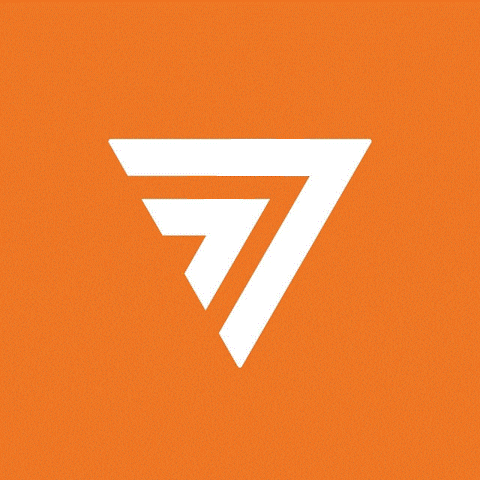 an orange background with a white triangle and a number 7