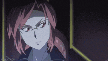 a close up of a anime character with red hair and glasses