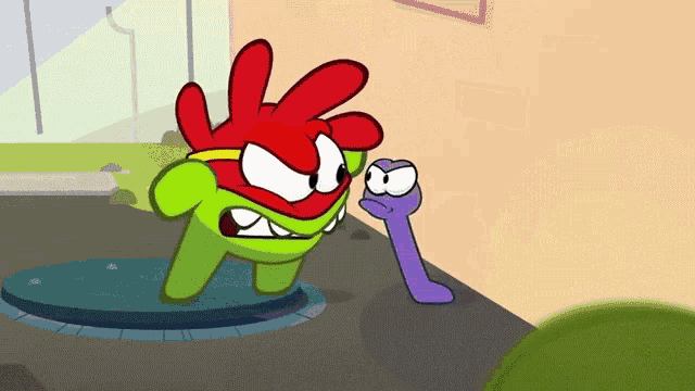 a cartoon character with red hair is standing next to a green character