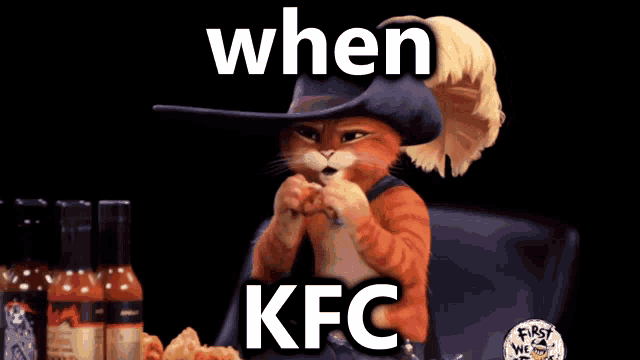 a cat wearing a cowboy hat is eating a chicken nugget with the words " when kfc " above it