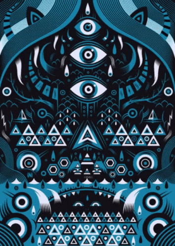 a blue and black geometric pattern with triangles and circles