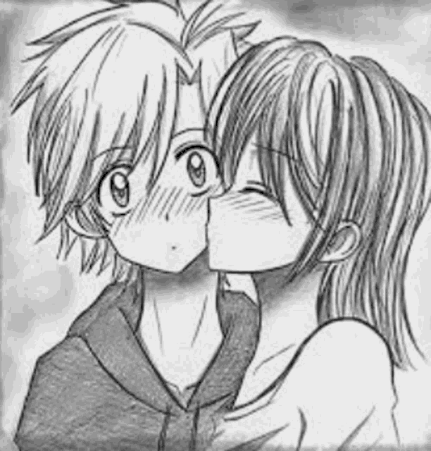 a black and white drawing of a boy and a girl kissing .