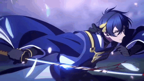 a blue haired anime character is holding a sword in his hands .